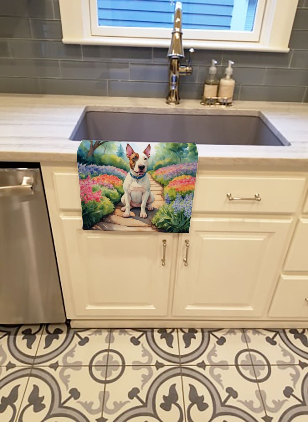 NEW English Bull Terrier Spring Path Kitchen Towel Dish Cloths Guest Hand Towel Decorative Bathroom Towel for Face,Tea, Dishcloth, Kitchen and Bath