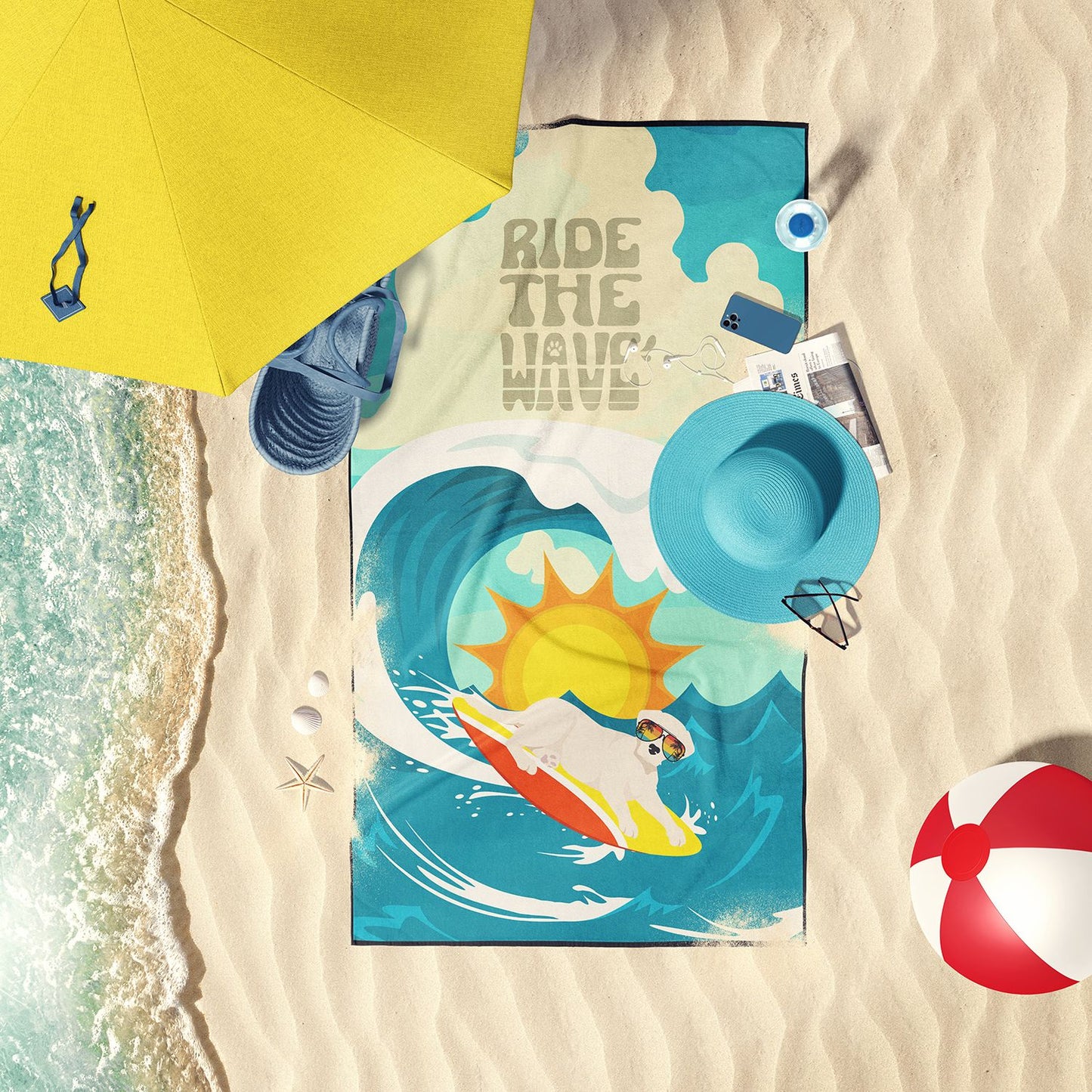 Surfer Dog Cream Labrador Retriever Premium Beach Towel Oversized Towel Beach Blanket, Pool, Beach Essentials, Yoga, Premium Bath Towel, Quick Dry Plush