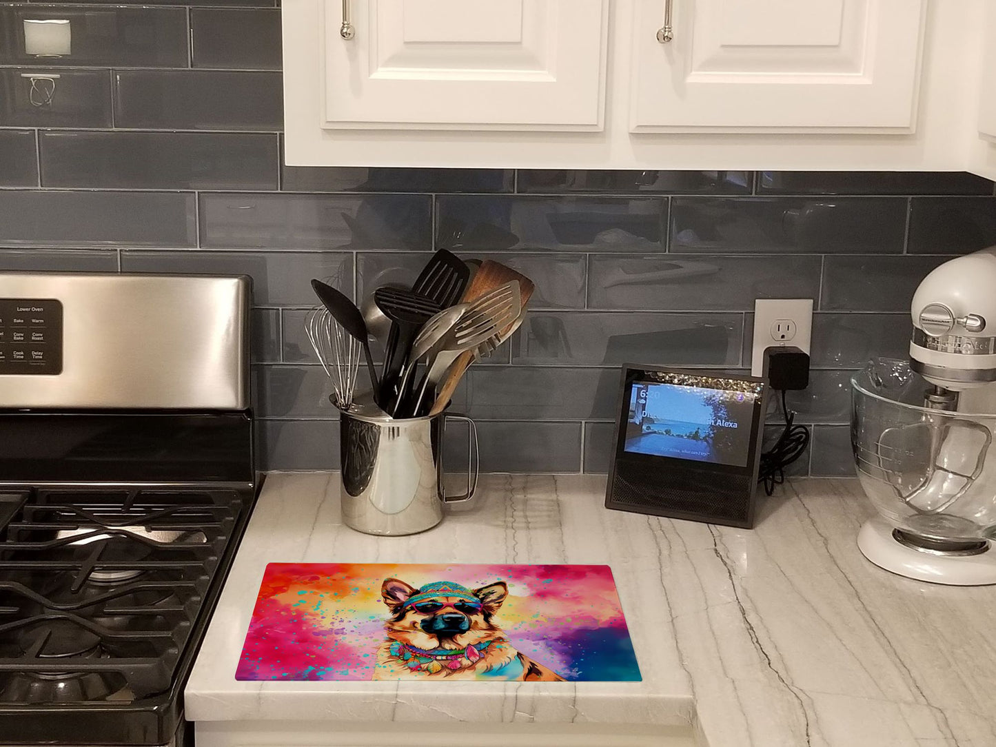 NEW German Shepherd Hippie Dawg Glass Cutting Board Decorative Tempered Glass Kitchen Cutting and Serving Board Large Size Chopping Board
