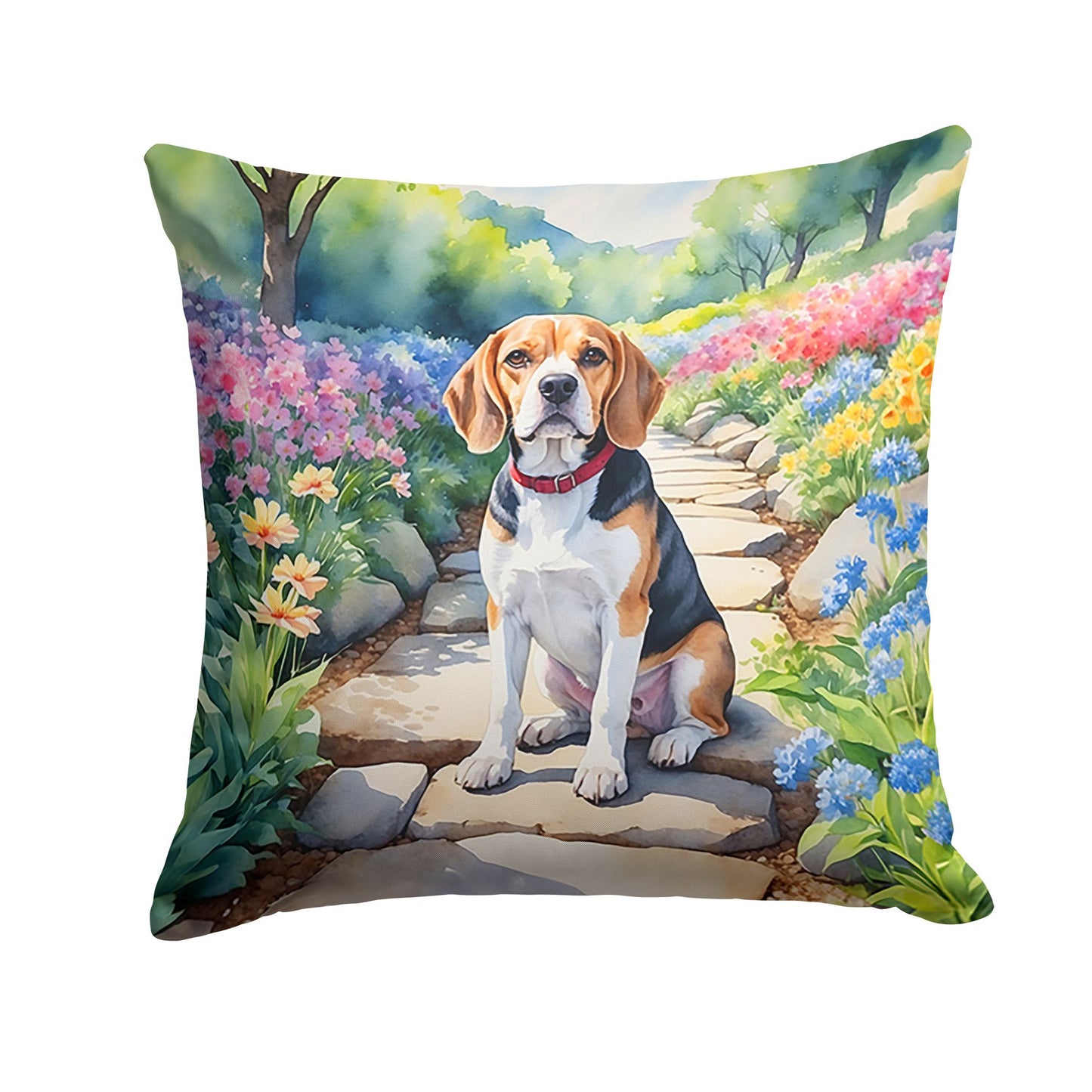 Beagle Spring Garden Throw Pillow Machine Washable, Indoor Outdoor Decorative Pillow for Couch, Bed or Patio, 14Hx14W