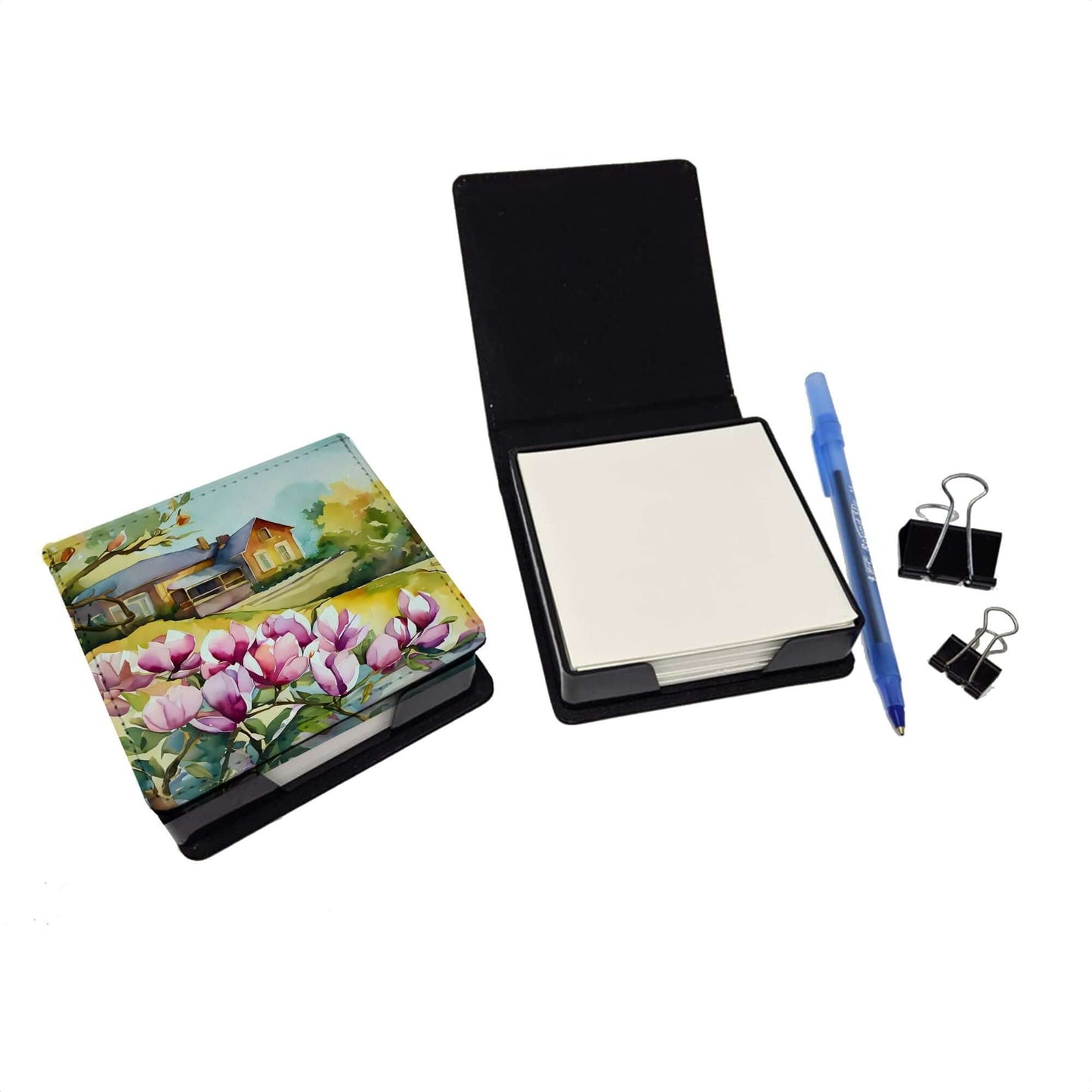 Louisiana Magnolias in Watercolor PU Leather Note Paper Holder with Artist-Designed Cover, Desk Accessory, Office Gift