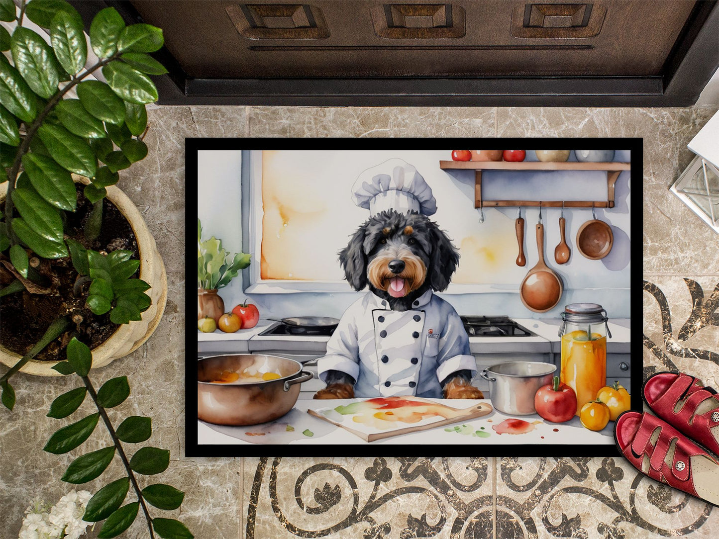 Bernedoodle The Chef Doormat Front Door Mat Indoor Outdoor Rugs for Entryway, Non Slip Washable Low Pile, 24H X 36W
