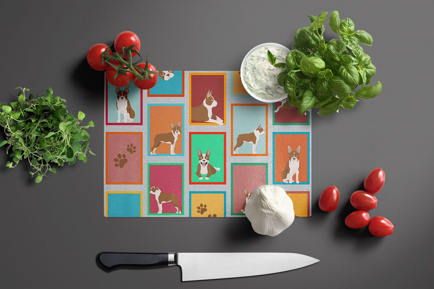 NEW Lots of Red Boston Terrier Glass Cutting Board Decorative Tempered Glass Kitchen Cutting and Serving Board Large Size Chopping Board