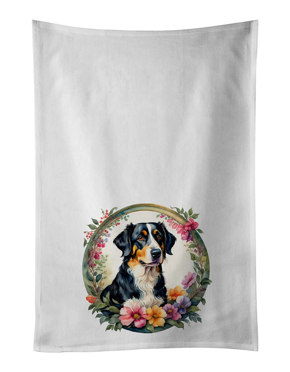 Appenzeller Sennenhund and Flowers Kitchen Towel Set of 2 White Dish Towels Decorative Bathroom Hand towel for Hand, Face, Hair, Yoga, Tea, Dishcloth, 19 X 28", White