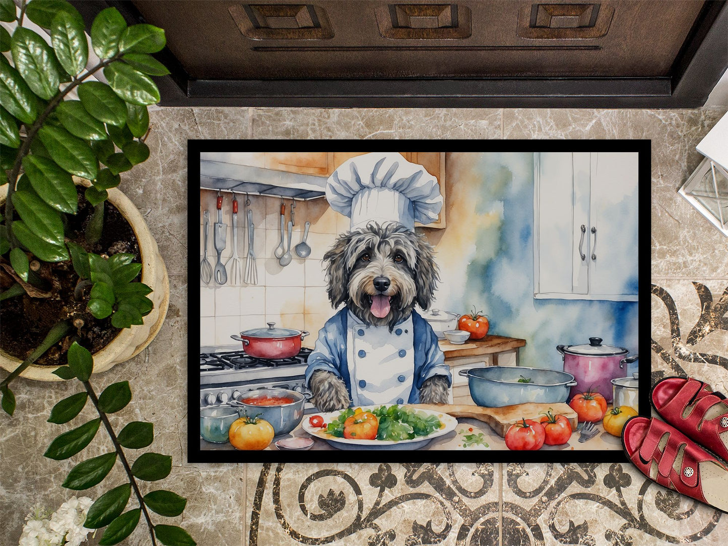 Bergamasco Sheepdog The Chef Doormat Front Door Mat Indoor Outdoor Rugs for Entryway, Non Slip Washable Low Pile, 24H X 36W