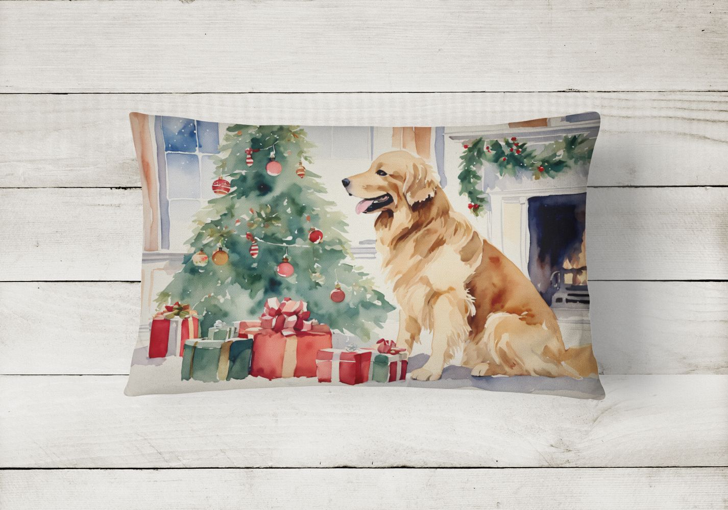 Cozy Christmas Throw Pillow Throw Pillow for Indoor Couch Bed Outdoor Patio Washable, Golden Retriever 2665,12Hx16W