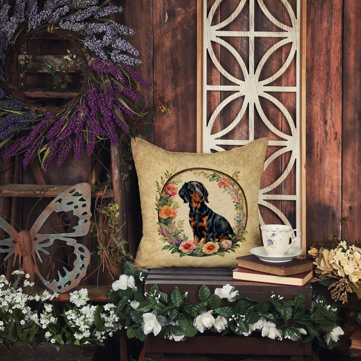 Gordon Setter and Flowers Throw Pillow Machine Washable, Indoor Outdoor Decorative Pillow for Couch, Bed or Patio, 14Hx14W