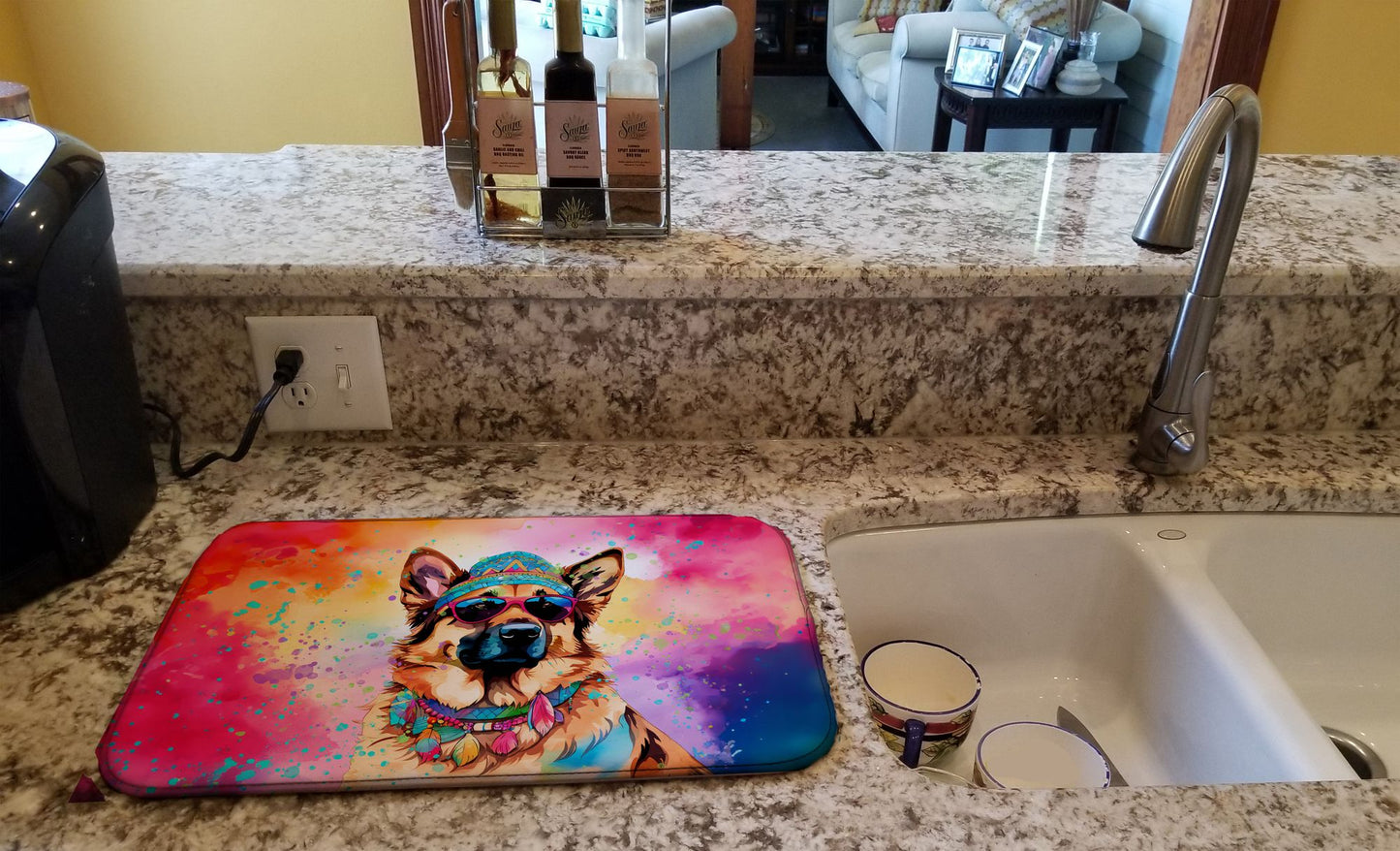 German Shepherd Hippie Dawg Dish Drying Mat Absorbent Dish Drying Mat Pad for Kitchen Counter Dish Drainer Mat for Countertop, 14 x 21", Multicolor