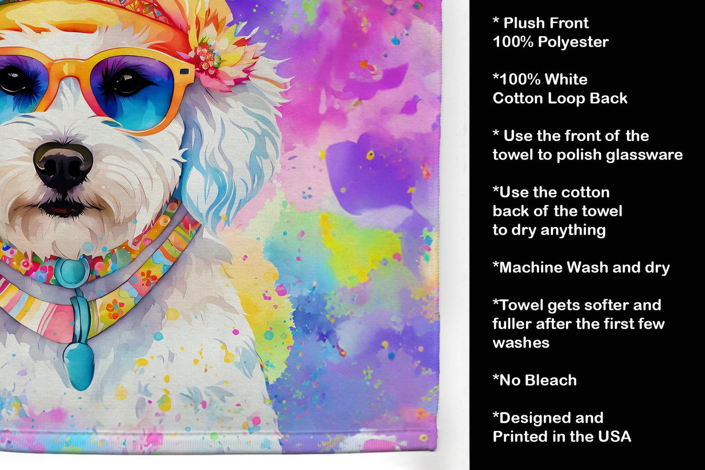 Bichon Frise Hippie Dawg Kitchen Towel Dish Cloths Guest Hand Towel Decorative Bathroom Towel for Face,Tea, Dishcloth, Kitchen and Bath