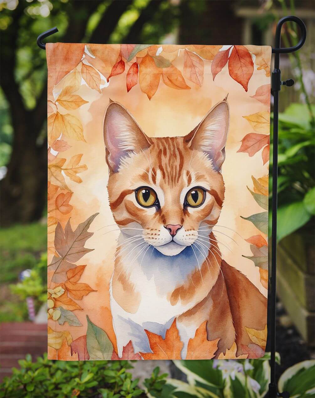 Arabian Mau Cat in Fall Leaves Garden Flag Mailbox Flag Decorative Yard Flag Banner Outside Patio Artwork Yard Flower Beds, Garden Size, Multicolor