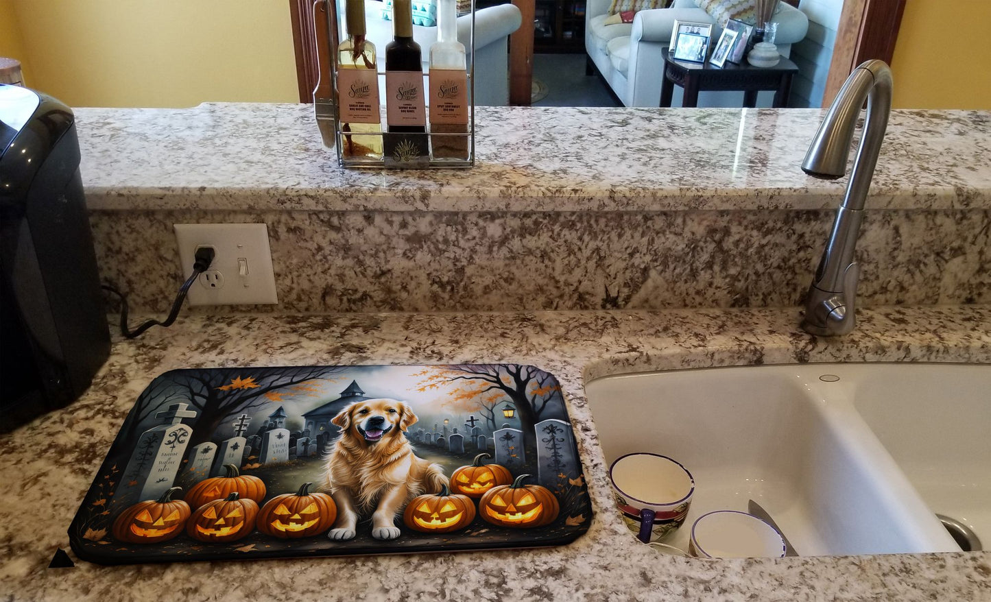Golden Retriever Spooky Halloween Dish Drying Mat Absorbent Dish Drying Mat Pad for Kitchen Counter Dish Drainer Mat for Countertop, 14 x 21", Multicolor