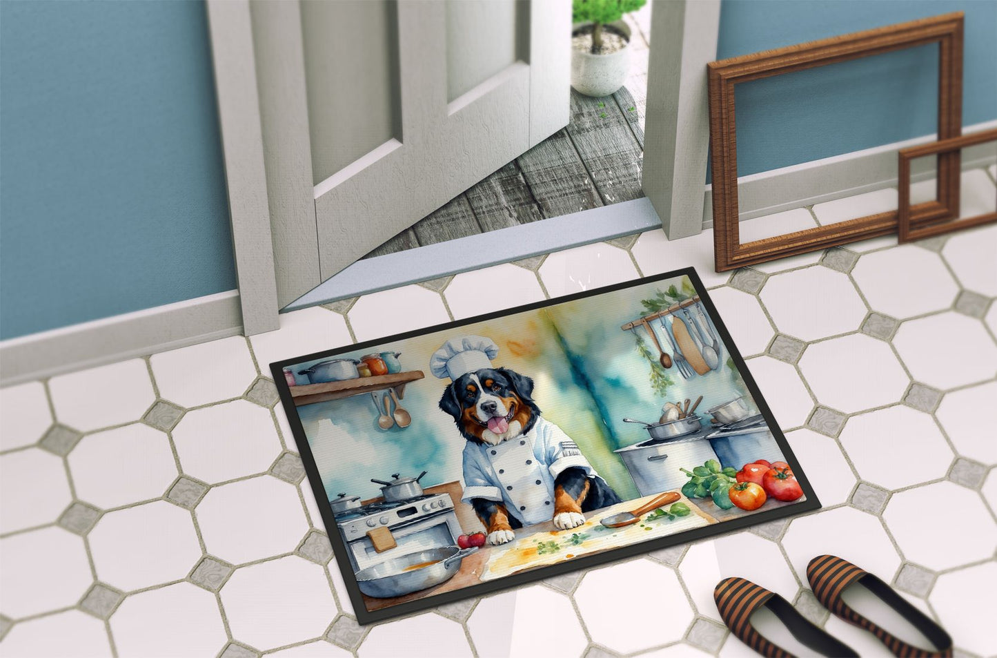 Bernese Mountain Dog The Chef Doormat Front Door Mat Indoor Outdoor Rugs for Entryway, Non Slip Washable Low Pile, 24H X 36W