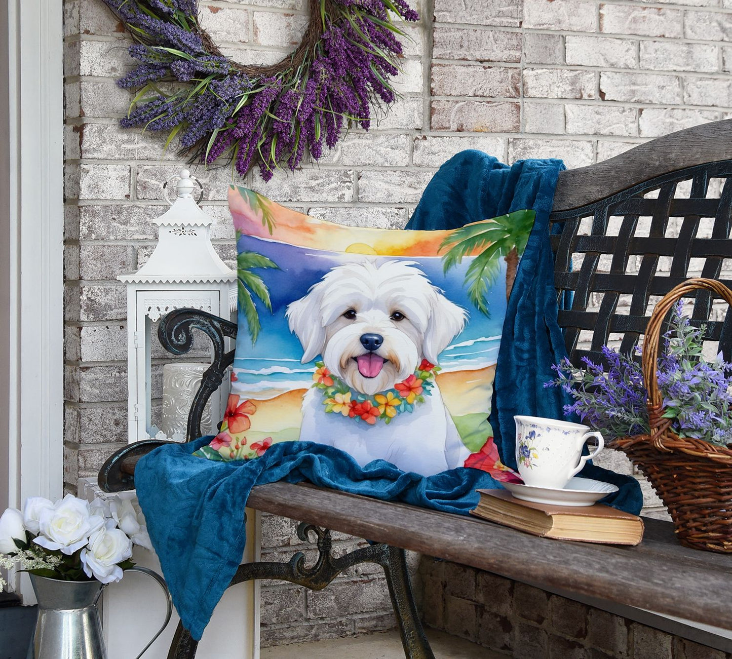 Coton de Tulear Luau Throw Pillow Machine Washable, Indoor Outdoor Decorative Pillow for Couch, Bed or Patio, 18Hx18W