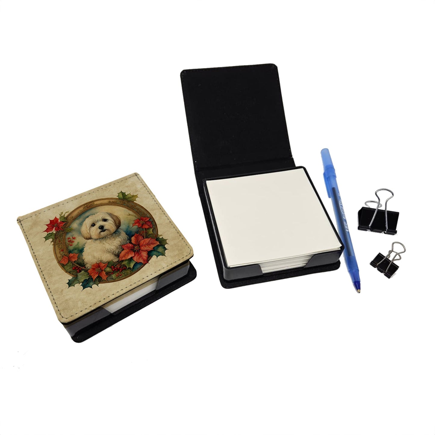 Coton De Tulear Christmas Flowers PU Leather Note Paper Holder with Artist-Designed Cover, Desk Accessory, Office Gift