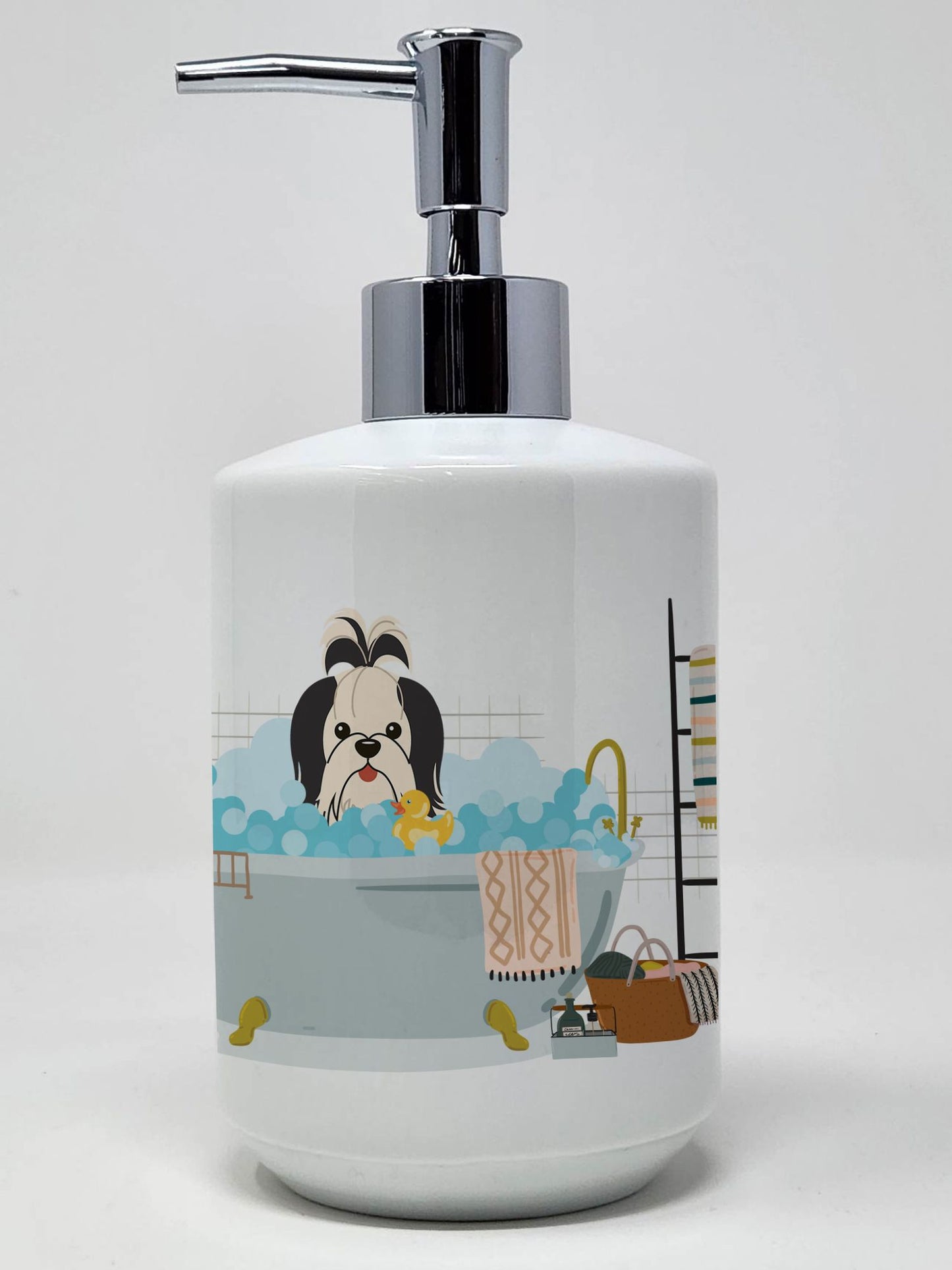 Black White Shih Tzu in Bathtub Ceramic Soap Dispenser Hand Soap Dispenser Pump Bottles for Bathroom Kitchen, Empty Refillable Liquid Soap Container
