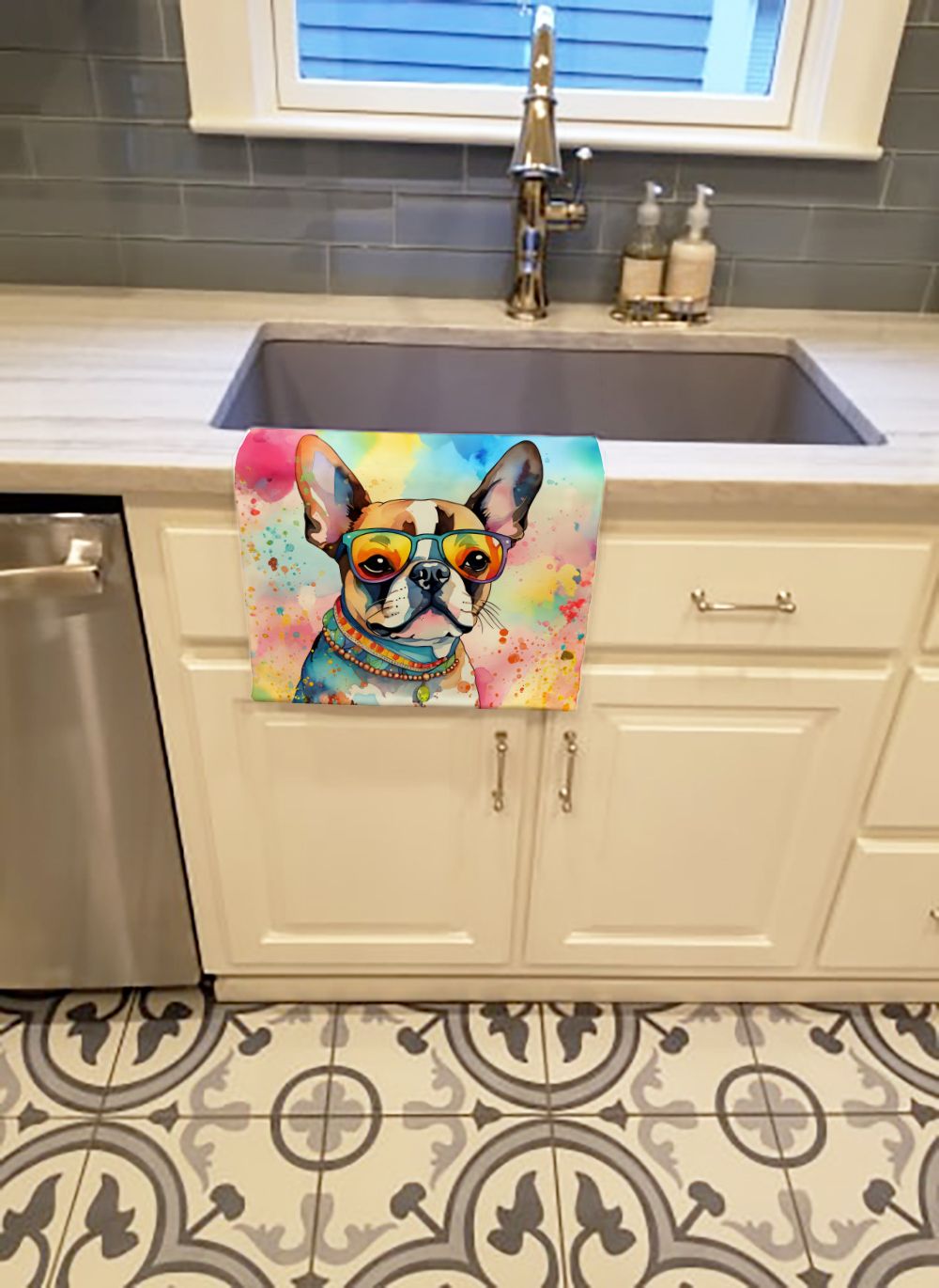 Boston Terrier Hippie Dawg Kitchen Towel Dish Cloths Guest Hand Towel Decorative Bathroom Towel for Face,Tea, Dishcloth, Kitchen and Bath