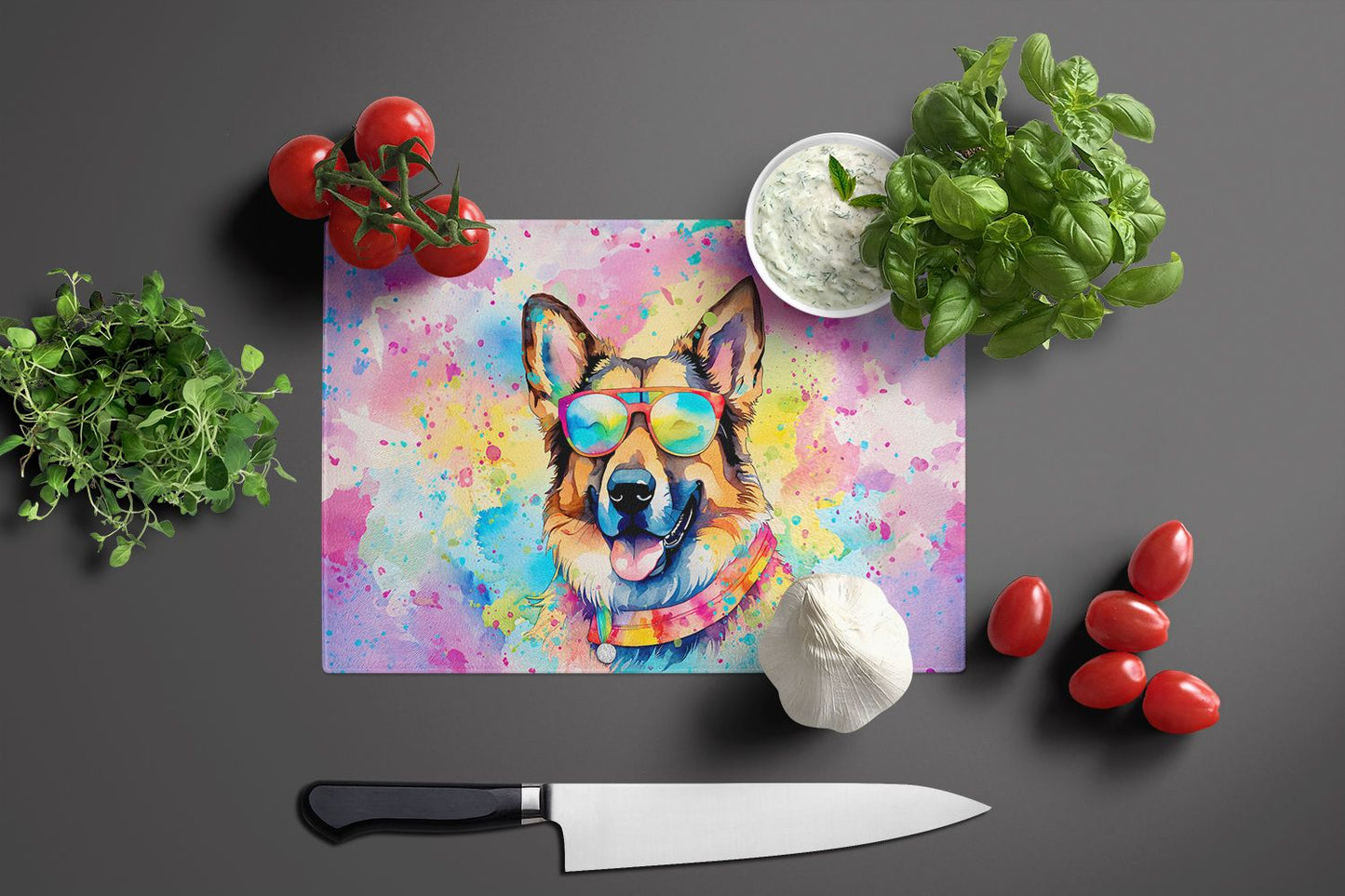 NEW German Shepherd Hippie Dawg Glass Cutting Board Decorative Tempered Glass Kitchen Cutting and Serving Board Large Size Chopping Board