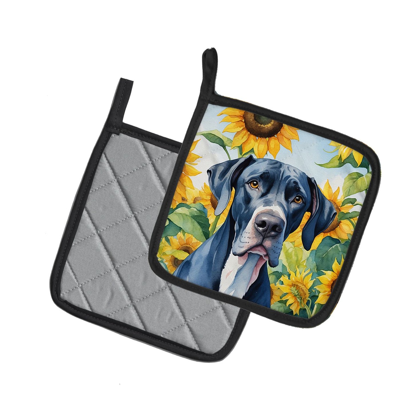 Great Dane in Sunflowers Pair of Pot Holders Kitchen Heat Resistant Pot Holders Sets Oven Hot Pads for Cooking Baking BBQ, 7 1/2 x 7 1/2