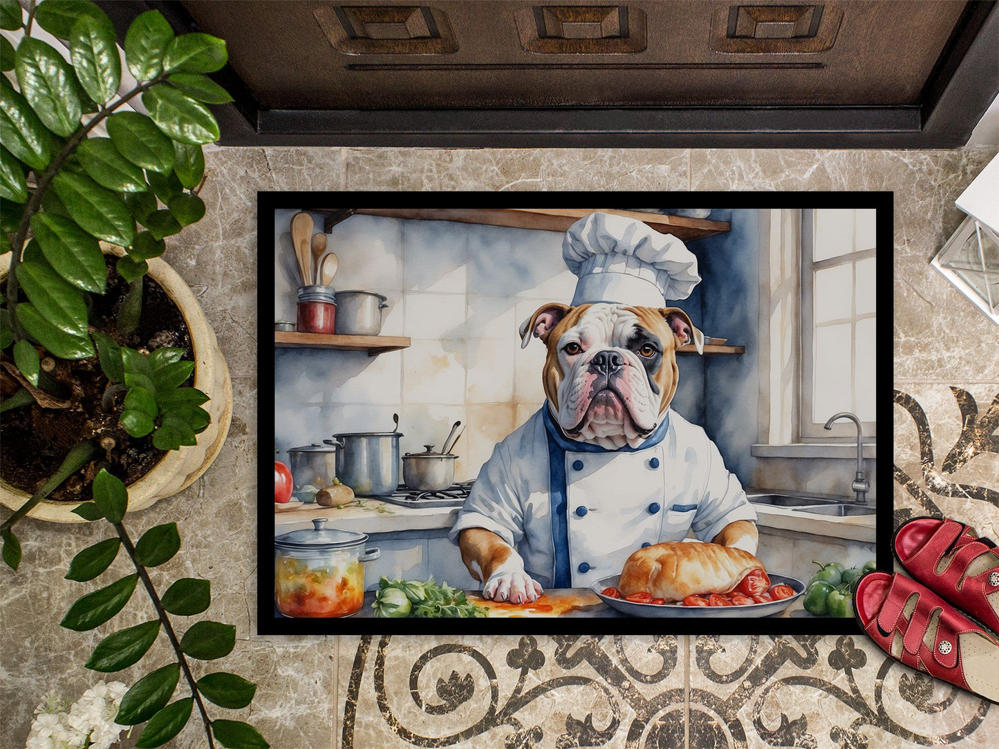 American Bulldog The Chef Doormat Front Door Mat Indoor Outdoor Rugs for Entryway, Non Slip Washable Low Pile, 24H X 36W