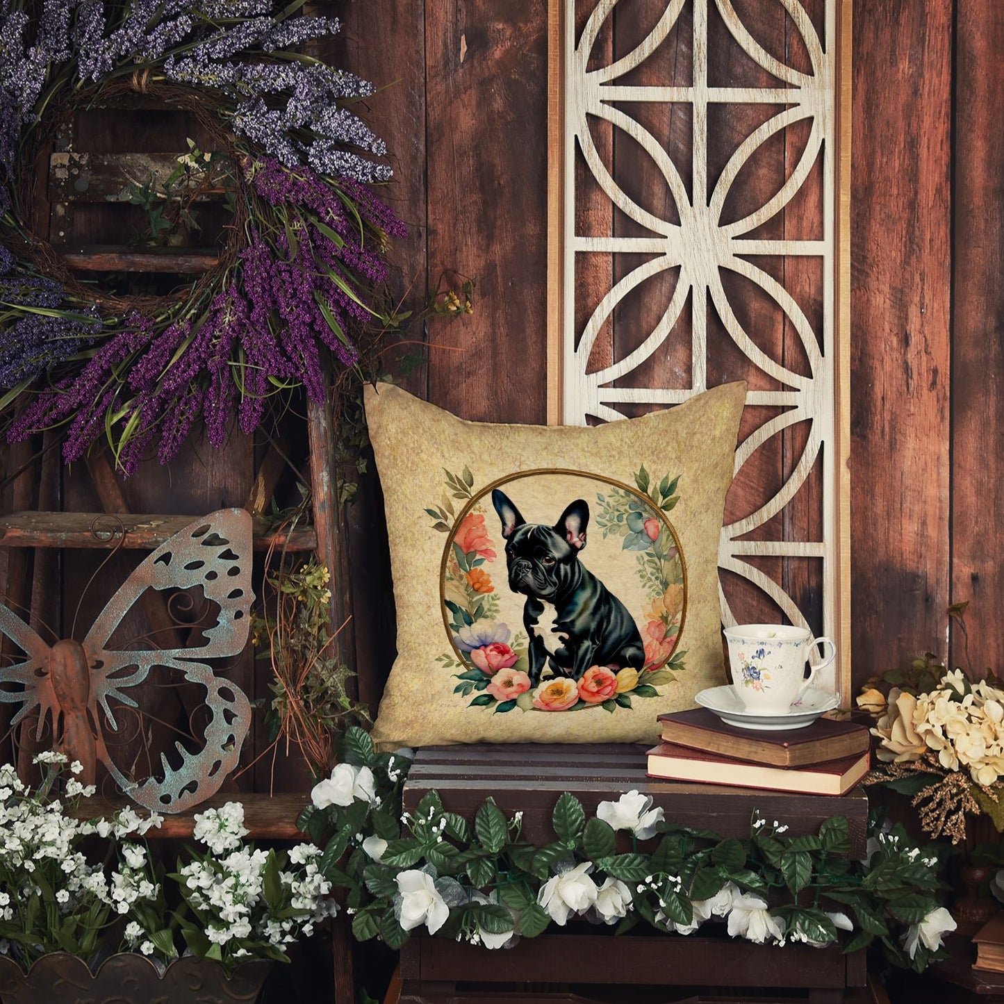 Black French Bulldog and Flowers Throw Pillow Machine Washable, Indoor Outdoor Decorative Pillow for Couch, Bed or Patio, 14Hx14W
