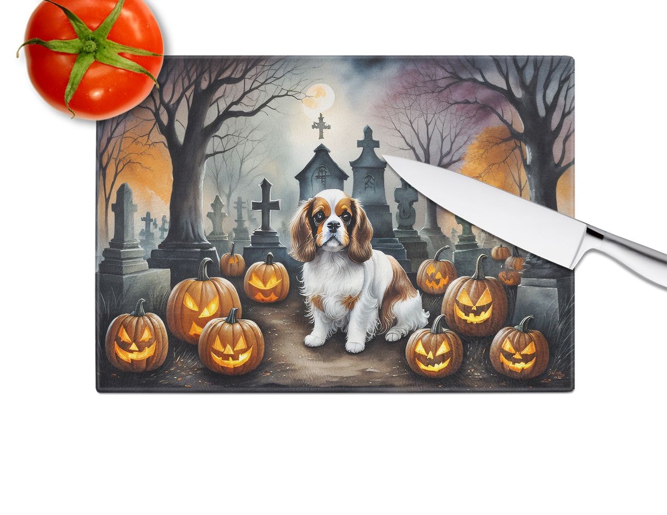 NEW Cavalier Spaniel Spooky Halloween Glass Cutting Board Decorative Tempered Glass Kitchen Cutting and Serving Board Large Size Chopping Board