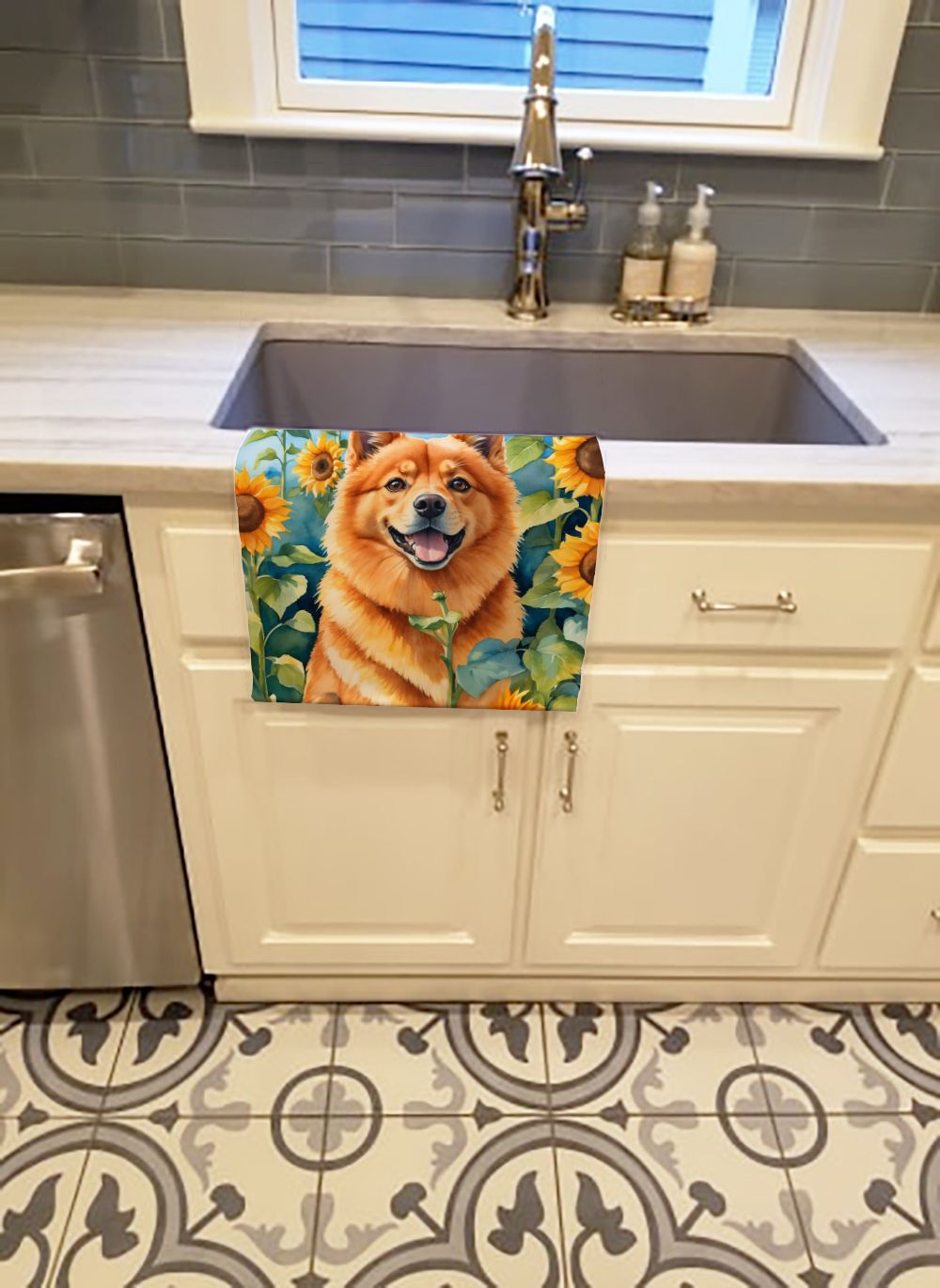 Finnish Spitz in Sunflowers Kitchen Towel Dish Cloths Guest Hand Towel Decorative Bathroom Towel for Face,Tea, Dishcloth, Kitchen and Bath