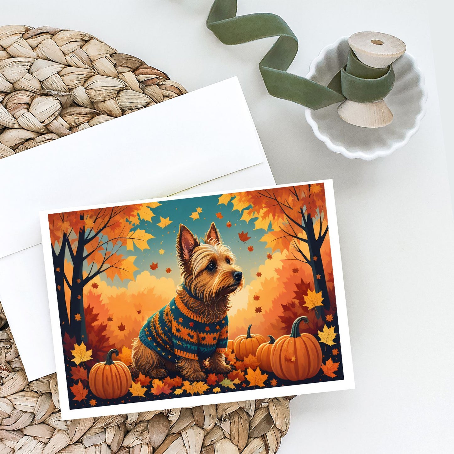 Australian Terrier Terrier Fall Greeting Cards Pack of 8 Blank Cards with Envelopes Whimsical A7 Size 5x7 Blank Note Cards