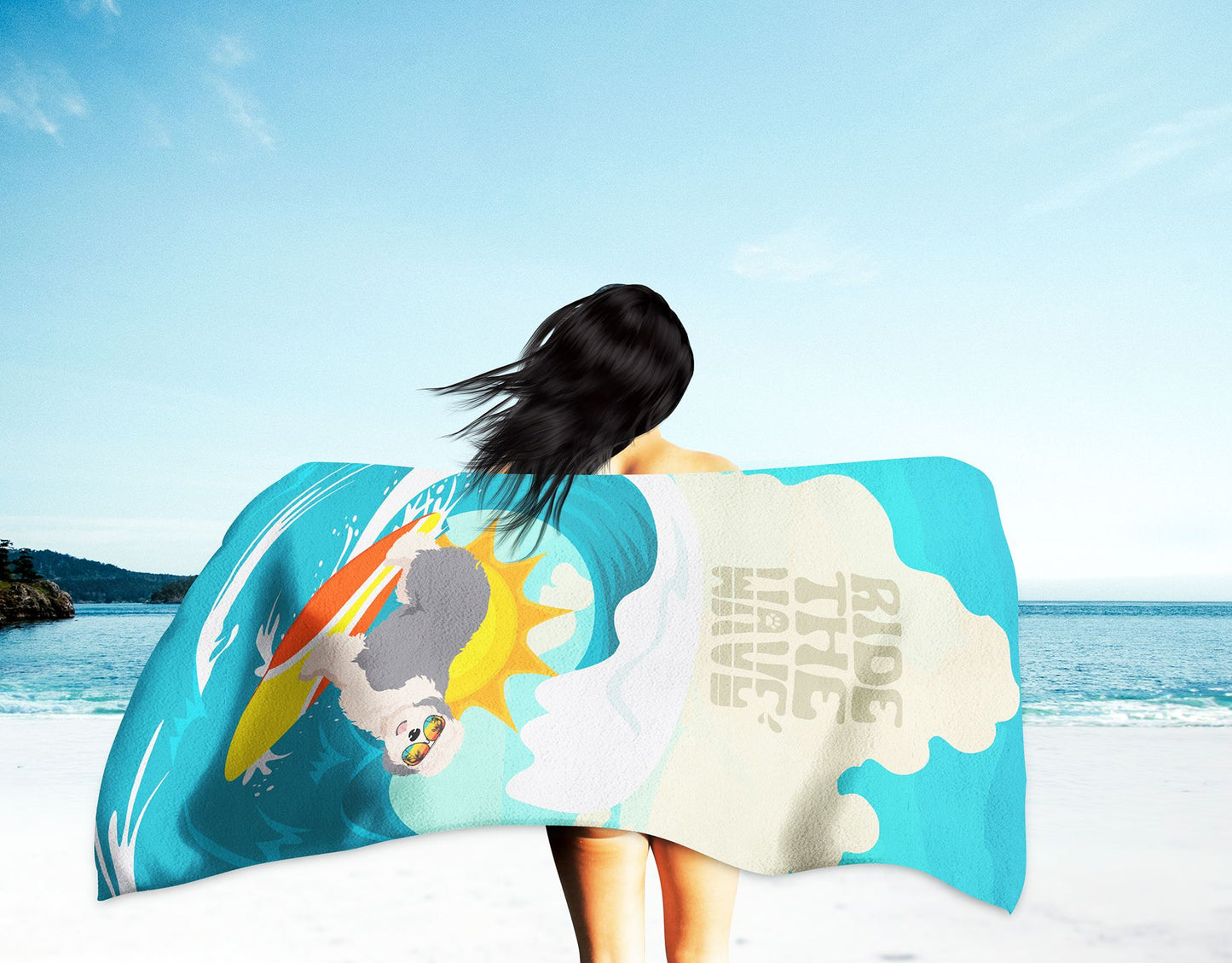 Surfer Dog Old English Sheepdog Premium Beach Towel Oversized Towel Beach Blanket, Pool, Beach Essentials, Yoga, Premium Bath Towel, Quick Dry Plush