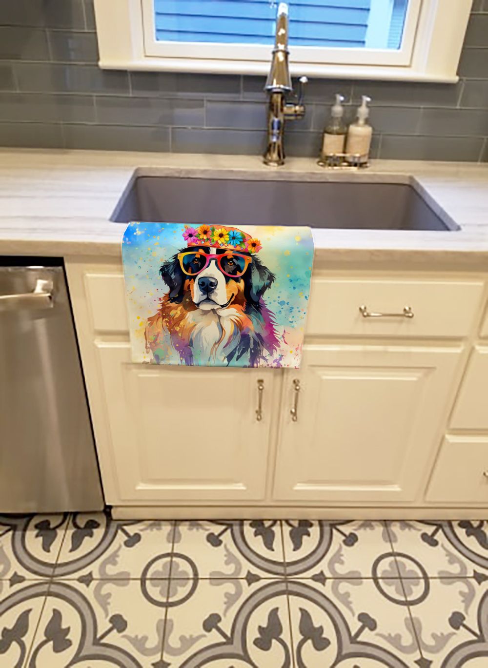 Bernese Mountain Dog Hippie Dawg Kitchen Towel Dish Cloths Guest Hand Towel Decorative Bathroom Towel for Face,Tea, Dishcloth, Kitchen and Bath