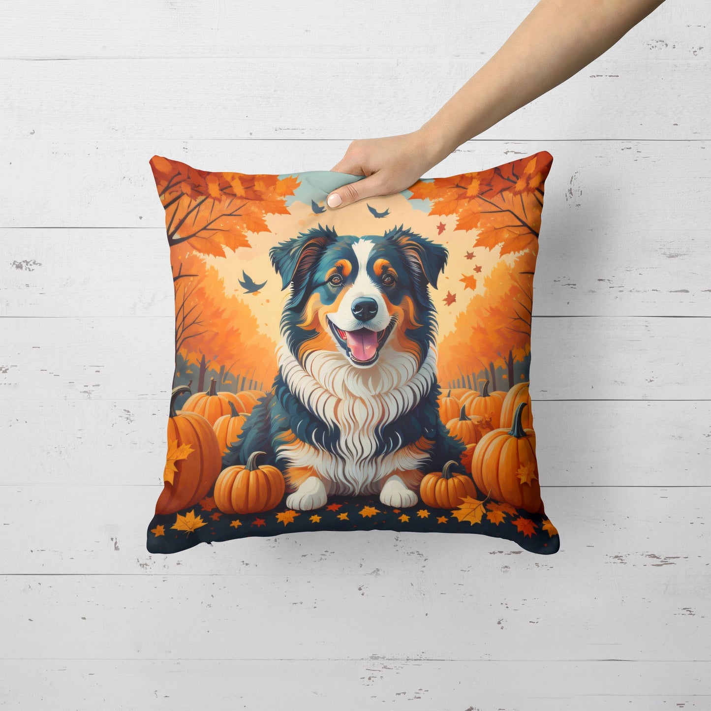 Australian Shepherd Terrier Fall Throw Pillow Machine Washable, Indoor Outdoor Decorative Pillow for Couch, Bed or Patio, 18Hx18W