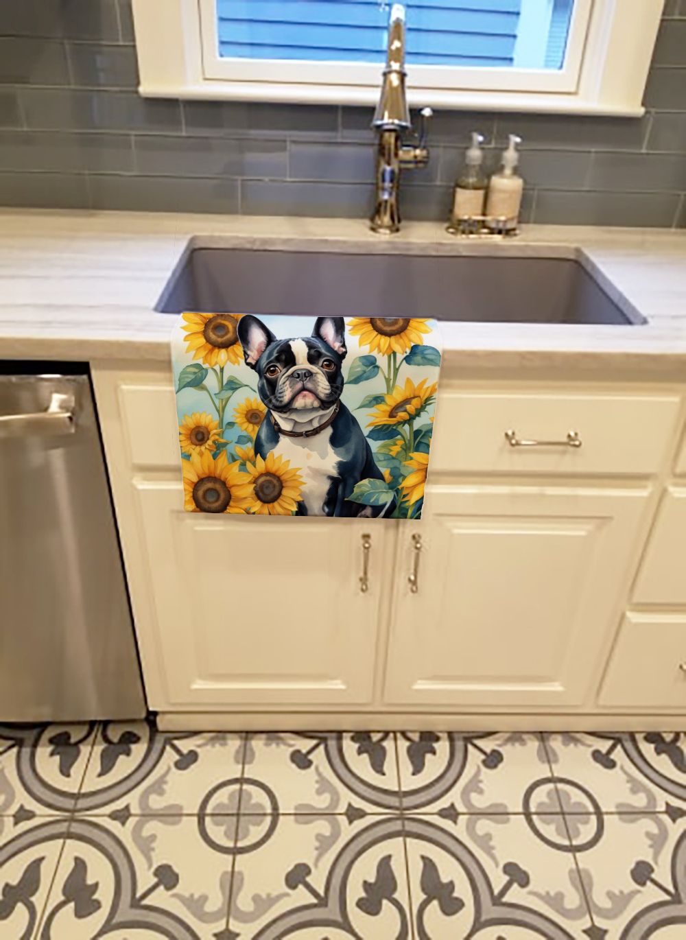 French Bulldog in Sunflowers Kitchen Towel Dish Cloths Guest Hand Towel Decorative Bathroom Towel for Face,Tea, Dishcloth, Kitchen and Bath