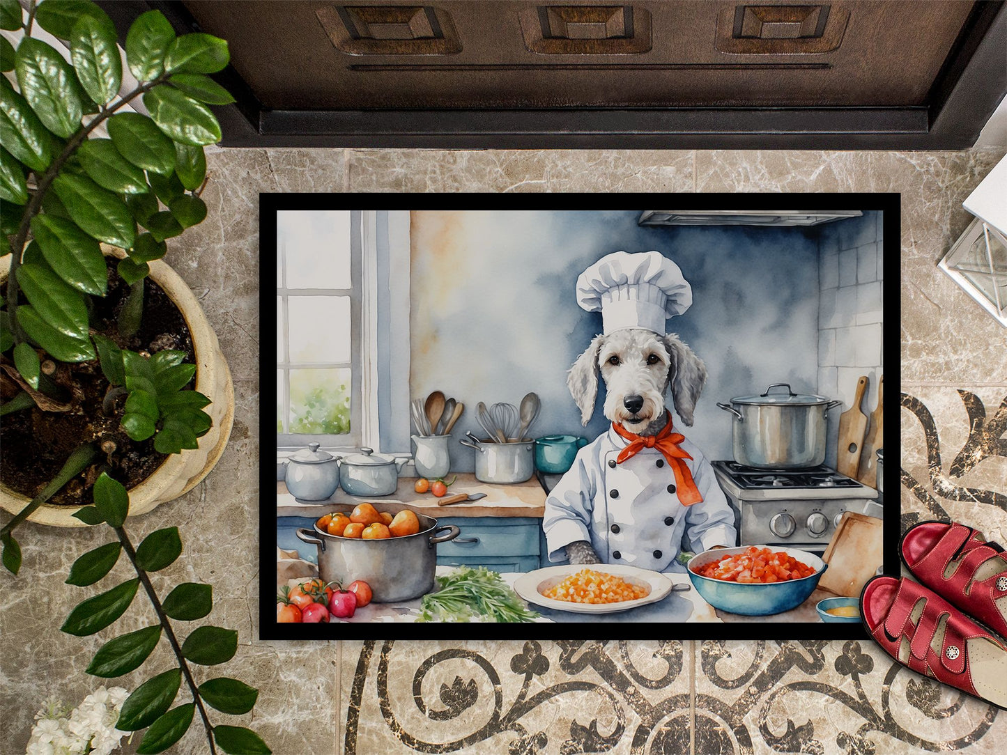 Bedlington Terrier The Chef Doormat Front Door Mat Indoor Outdoor Rugs for Entryway, Non Slip Washable Low Pile, 24H X 36W