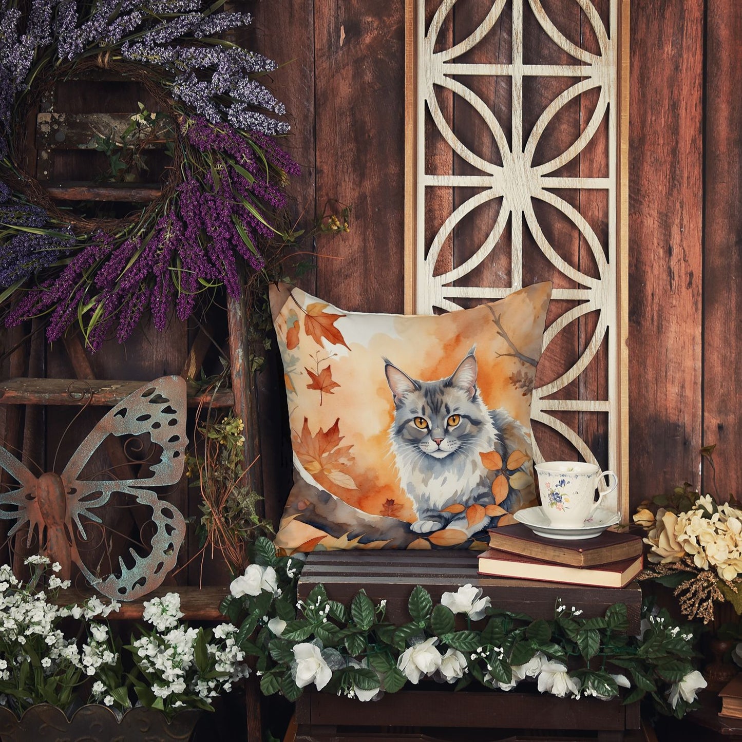 Australian Mist Cat in Fall Leaves Throw Pillow Machine Washable, Indoor Outdoor Decorative Pillow for Couch, Bed or Patio, 18Hx18W