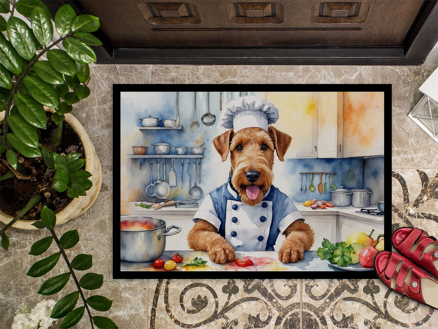 Airedale Terrier The Chef Doormat Front Door Mat Indoor Outdoor Rugs for Entryway, Non Slip Washable Low Pile, 24H X 36W