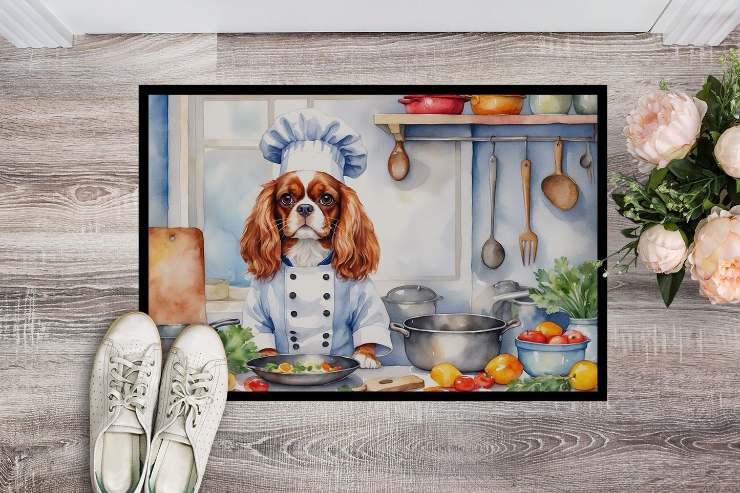Cavalier Spaniel The Chef Doormat Front Door Mat Indoor Outdoor Rugs for Entryway, Non Slip Washable Low Pile, 24H X 36W