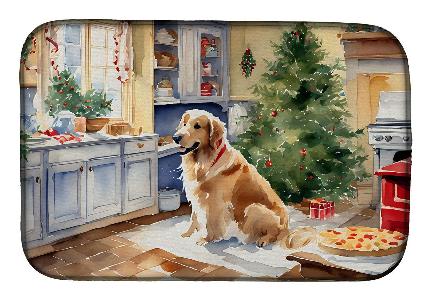 Golden Retriever Christmas Cookies Dish Drying Mat Absorbent Dish Drying Mat Pad for Kitchen Counter Dish Drainer Mat for Countertop, 14 x 21", Multicolor