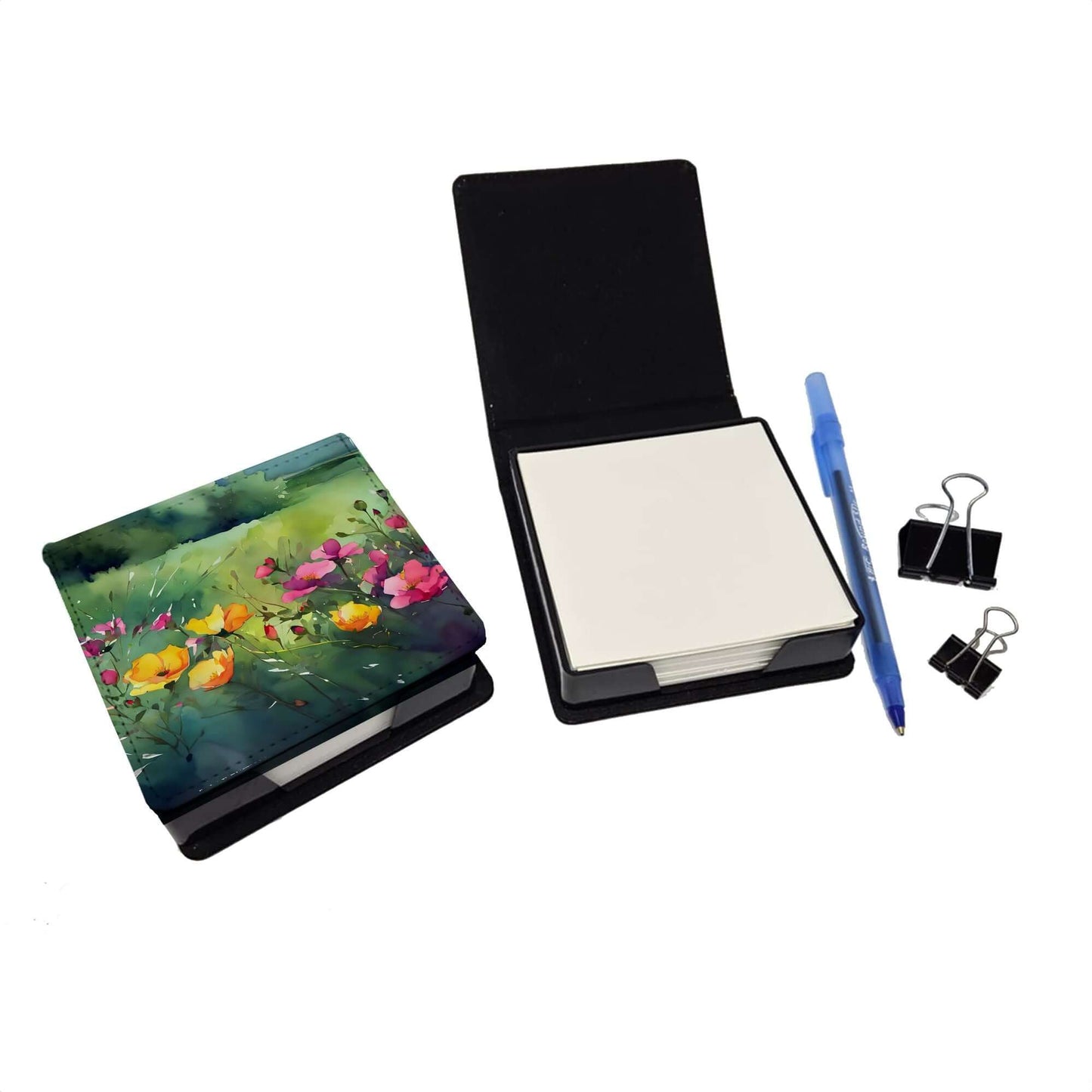 North Dakota Wild Prairie Roses in Watercolor PU Leather Note Paper Holder with Artist-Designed Cover, Desk Accessory, Office Gift