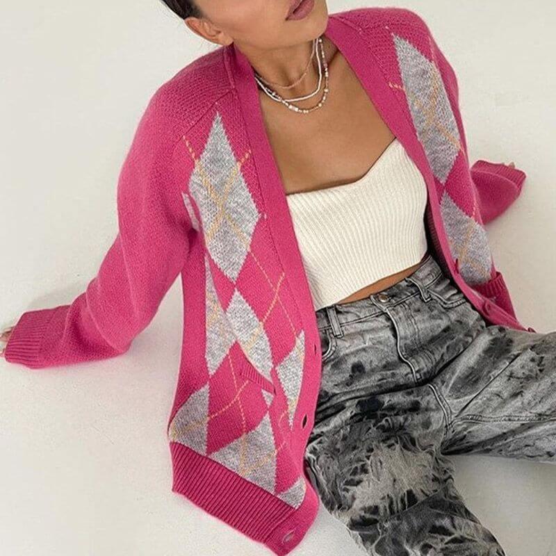 Oversized Argyle Cardigan Women Sweater Loose V-Neck Knitted Long Sleeve Y2K Sweaters Female 2021 Autumn Vintage Lady Basic Top - Clothes For Her Online Store