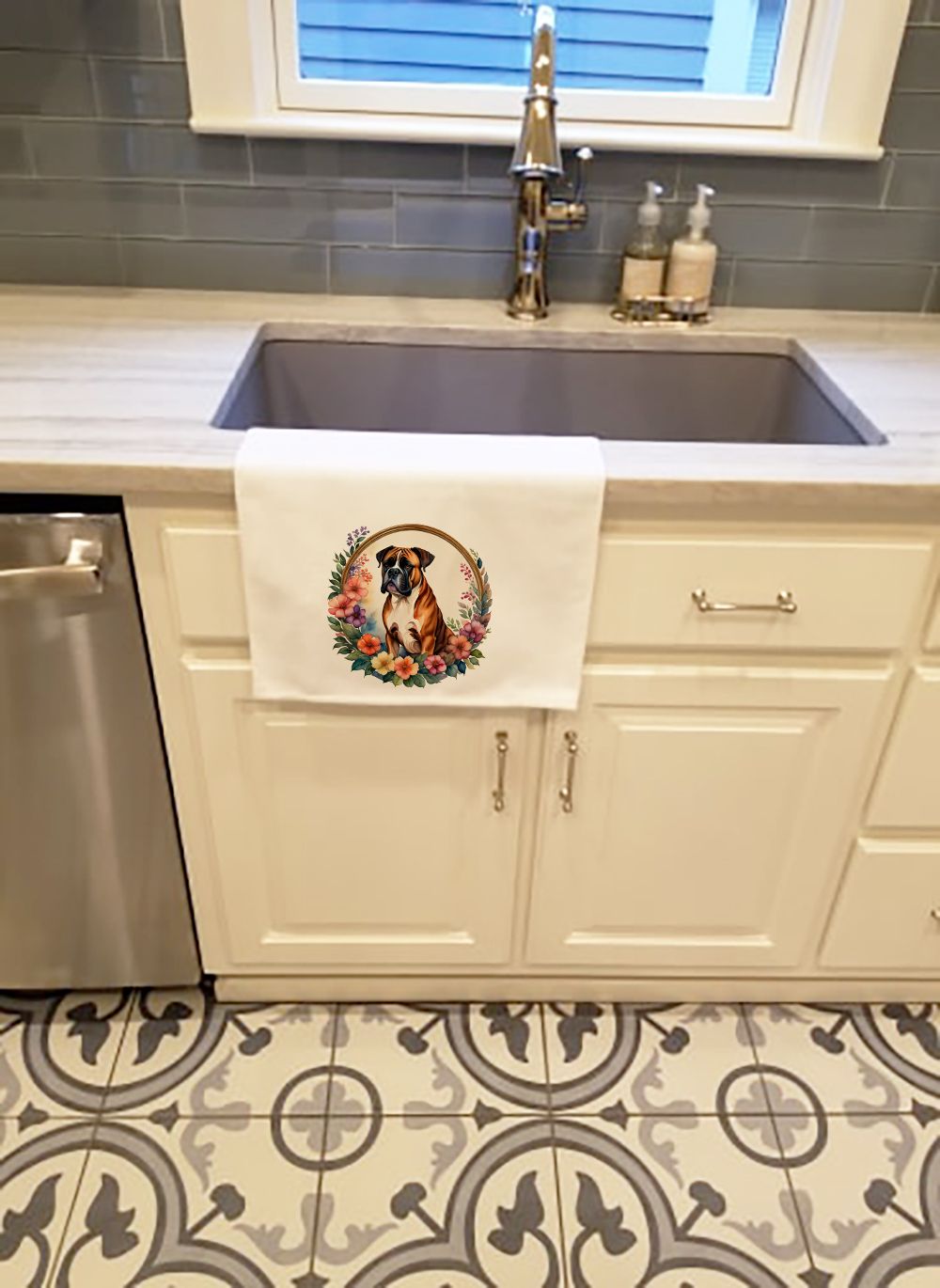Boxer and Flowers Kitchen Towel Set of 2 White Dish Towels Decorative Bathroom Hand towel for Hand, Face, Hair, Yoga, Tea, Dishcloth, 19 X 28", White