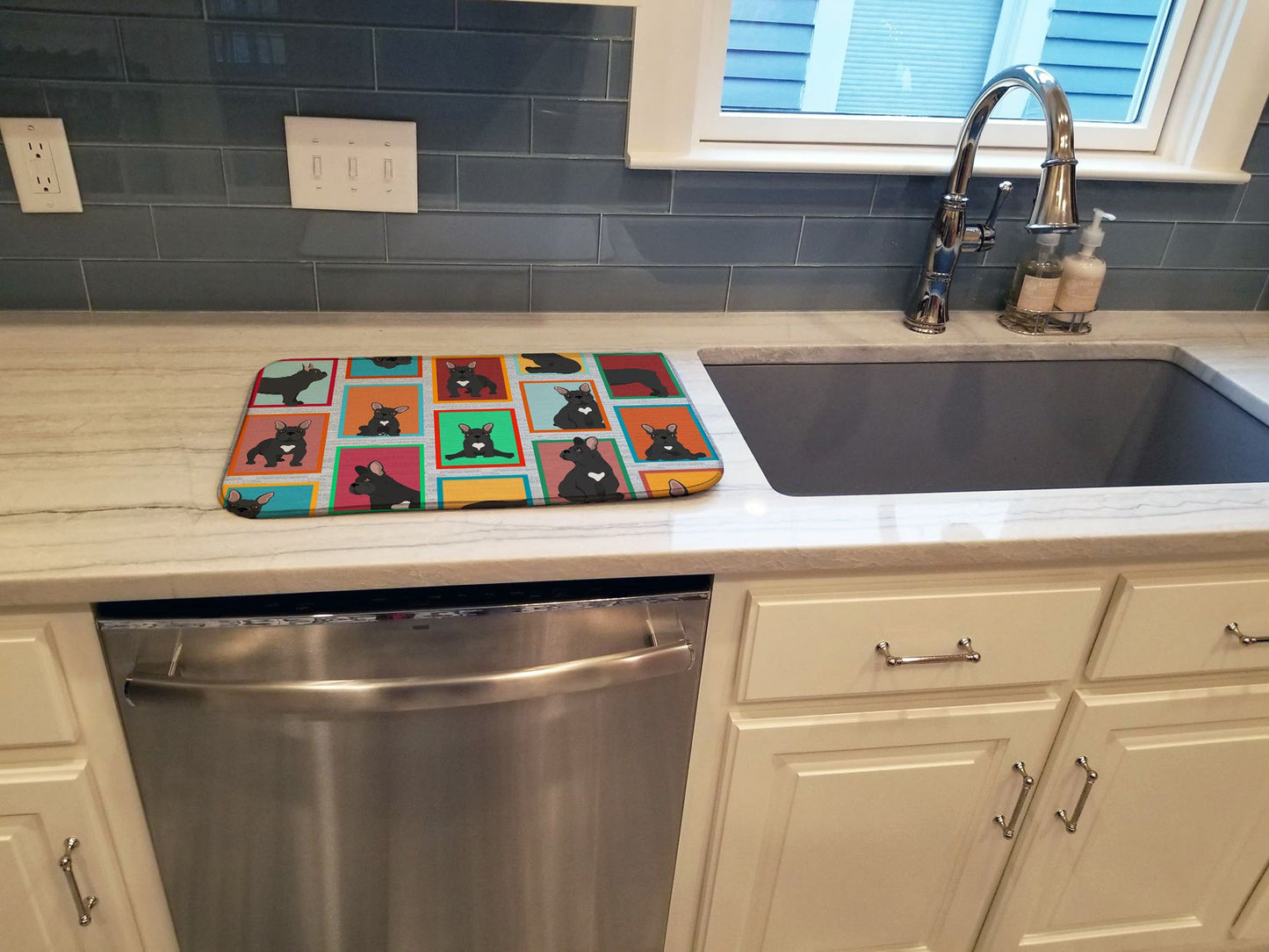 Lots of Black French Bulldog Dish Drying Mat Absorbent Dish Drying Mat Pad for Kitchen Counter Dish Drainer Mat for Countertop, 14 x 21", Multicolor