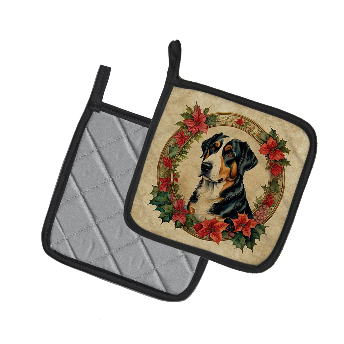 Greater Swiss Mountain Dog Christmas Flowers Pair of Pot Holders Kitchen Heat Resistant Pot Holders Sets Oven Hot Pads for Cooking Baking BBQ, 7 1/2 x 7 1/2