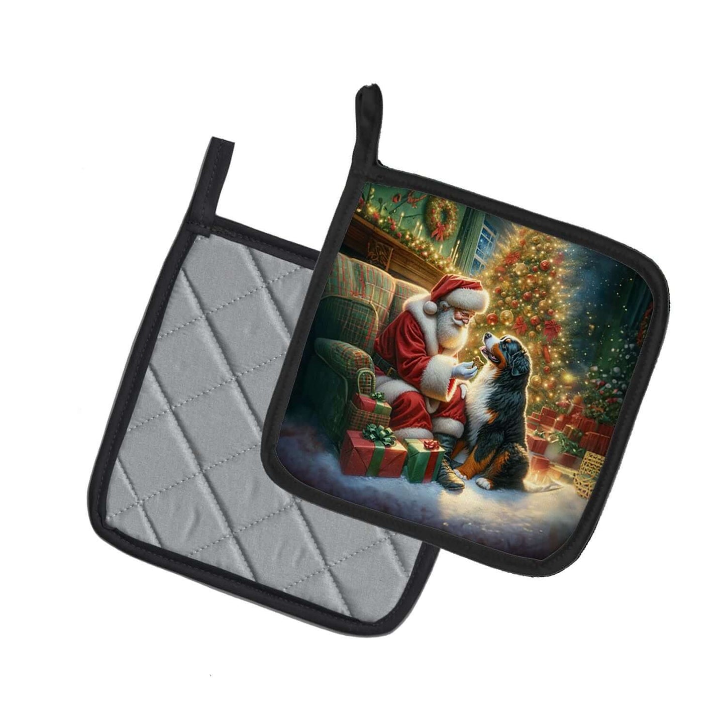 Bernese Mountain Dog and Santa Claus Pair of Pot Holders Kitchen Heat Resistant Pot Holders Sets Oven Hot Pads for Cooking Baking BBQ, 7 1/2 x 7 1/2