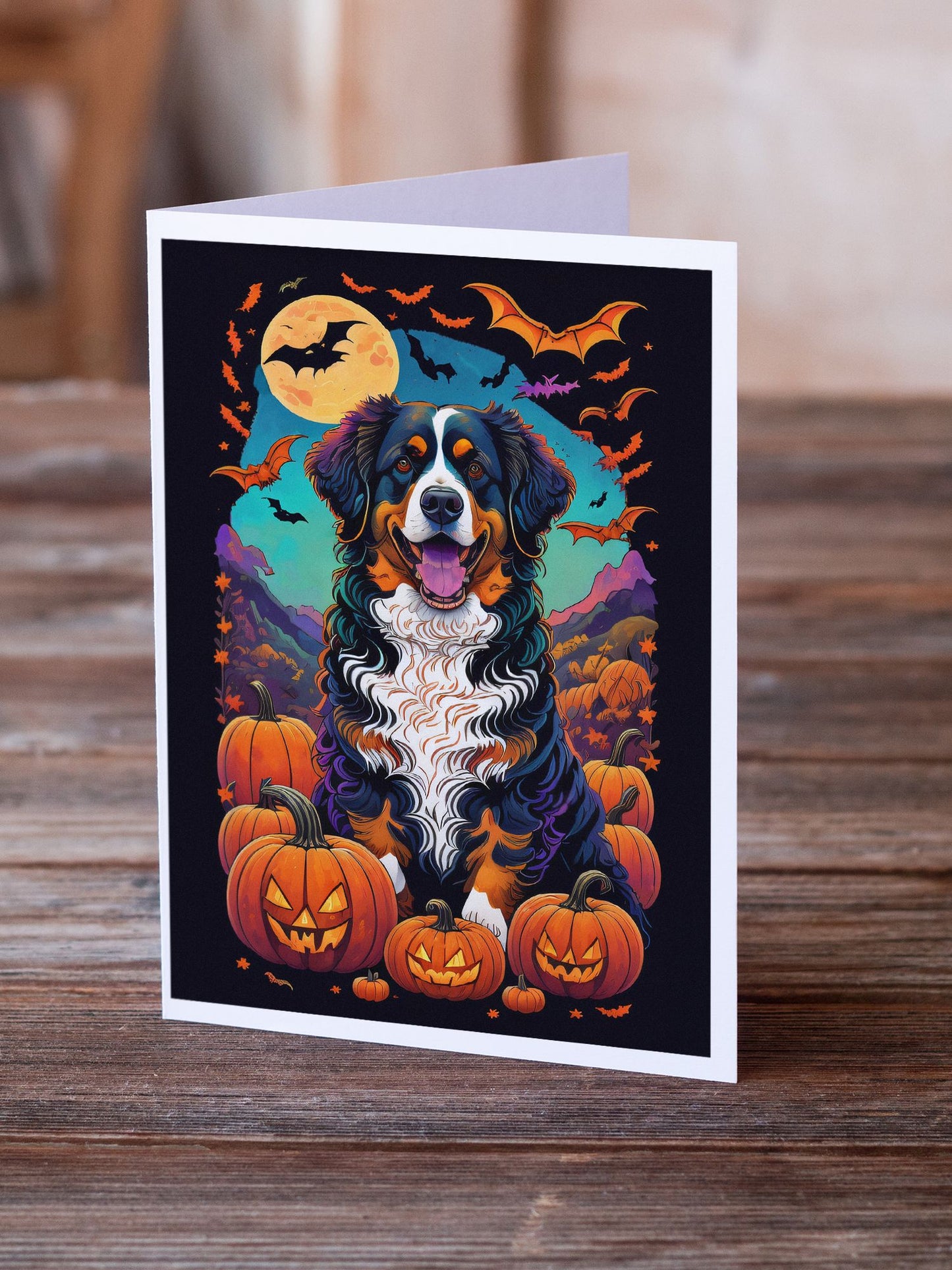 Bernese Mountain Dog Witchy Halloween Greeting Cards Pack of 8 Blank Cards with Envelopes Whimsical A7 Size 5x7 Blank Note Cards
