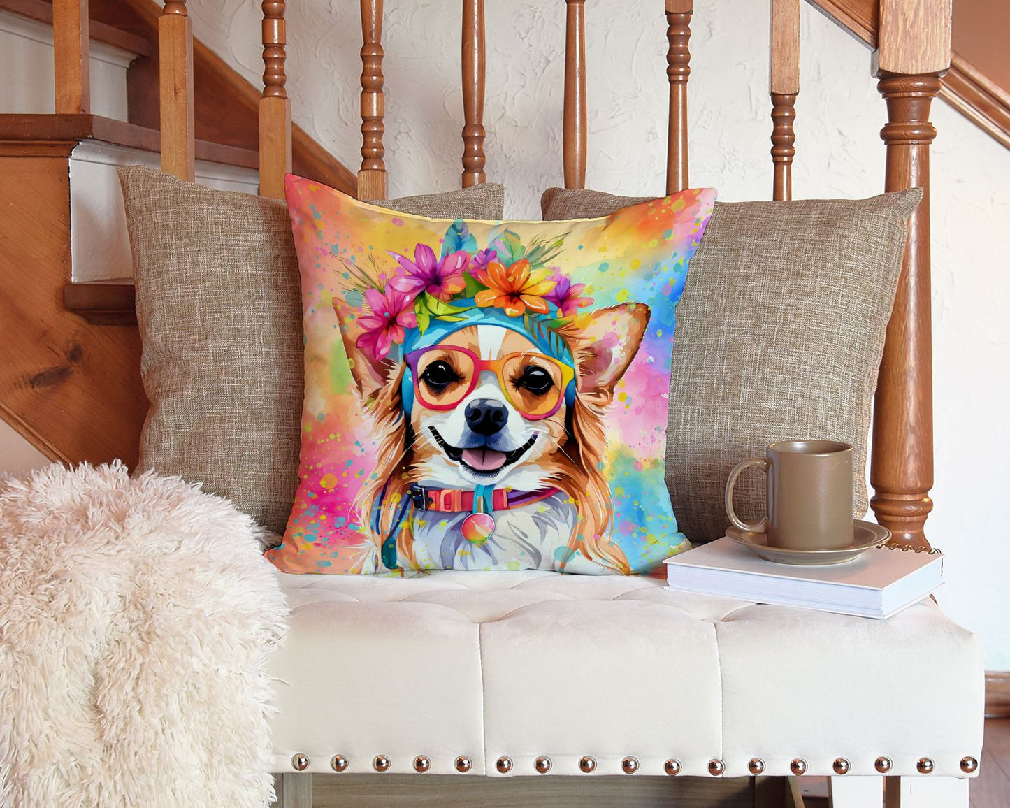 Chihuahua Hippie Dawg Throw Pillow Machine Washable, Indoor Outdoor Decorative Pillow for Couch, Bed or Patio, 14Hx14W