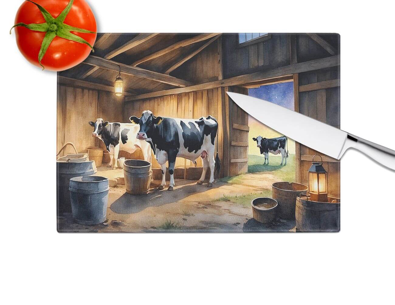 Cows Evening Milking Time Glass Cutting Board Decorative Tempered Glass Kitchen Cutting and Serving Board Large Size Chopping Board
