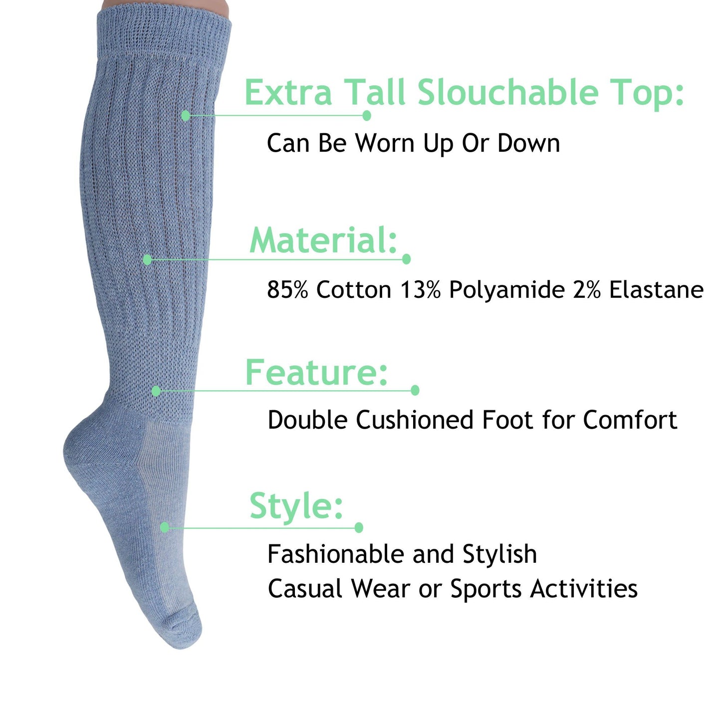 Slouch Socks for Women Extra Long Heavy Slouchy Scrunch Cotton Socks 1 Pair Shoe Size 5 to 10
