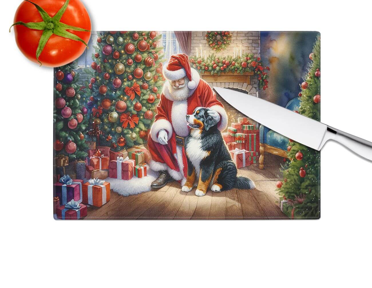 NEW Bernese Mountain Dog and Santa Claus Glass Cutting Board Decorative Tempered Glass Kitchen Cutting and Serving Board Large Size Chopping Board