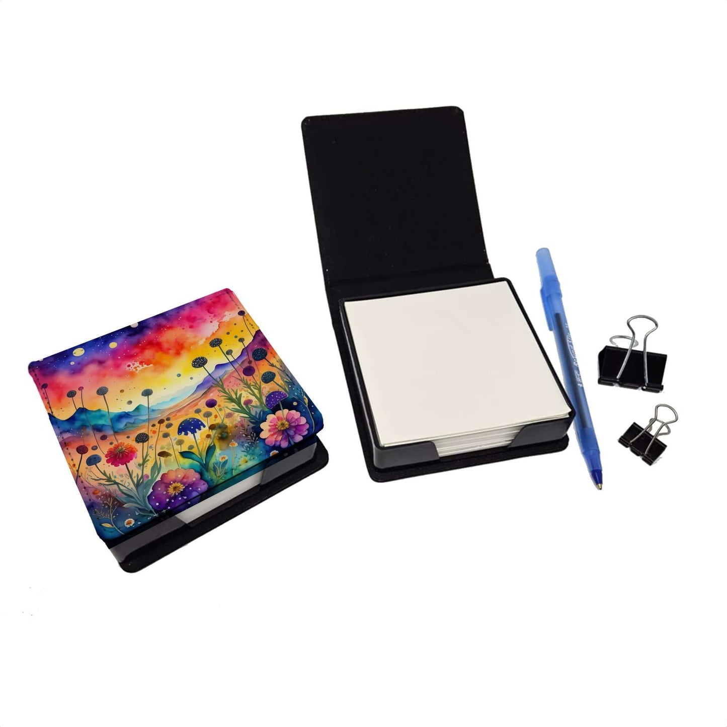 Colorful Scabiosa PU Leather Note Paper Holder with Artist-Designed Cover, Desk Accessory, Office Gift