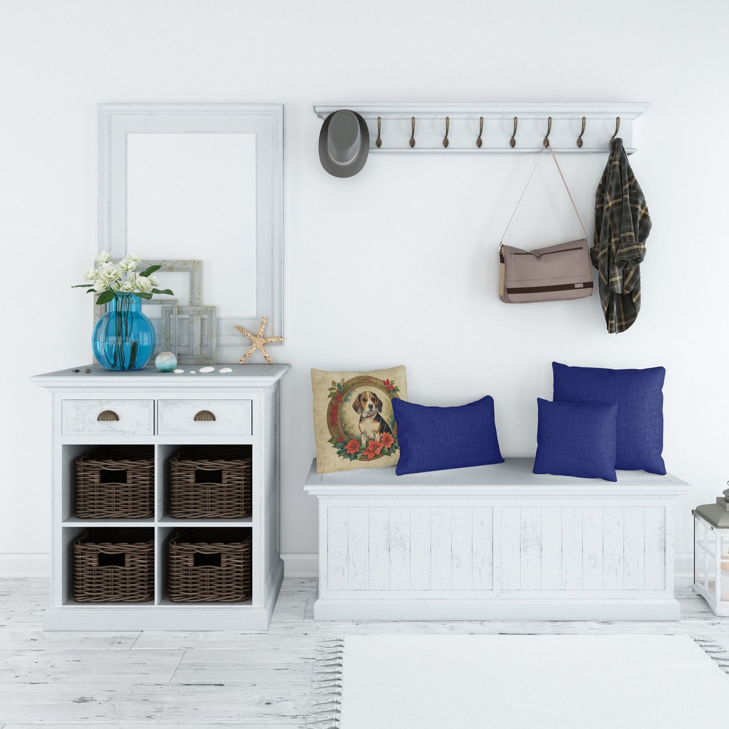 Beagle Christmas Flowers Throw Pillow Machine Washable, Indoor Outdoor Decorative Pillow for Couch, Bed or Patio, 18Hx18W