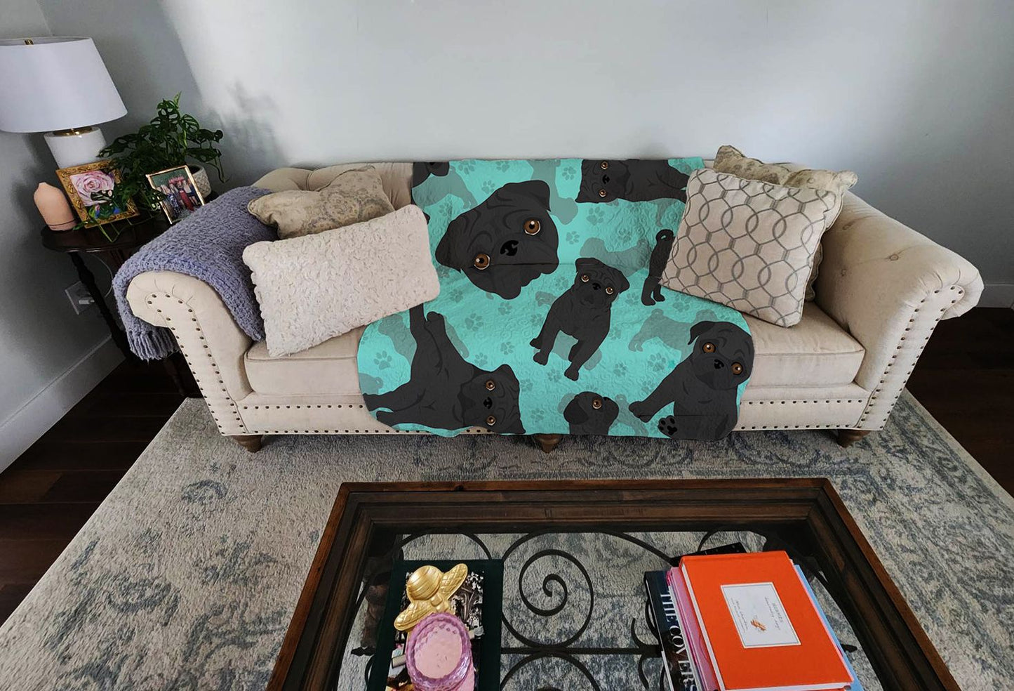 Black Pug Quilted Blanket 50x60 Artwork Pattern Quilted Throw Blanket for Bed, Couch, Sofa, Soft and Lightweight
